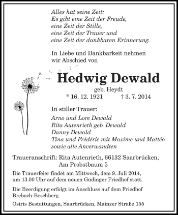 Traueranzeige von Hedwig Dewald von saarbruecker_zeitung