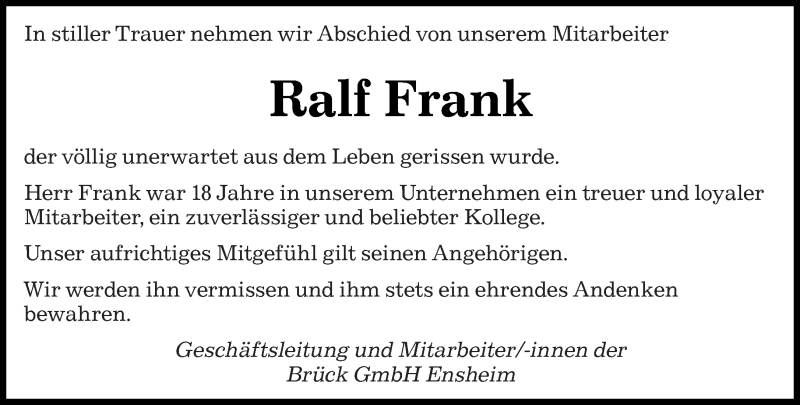  Traueranzeige für Ralf Frank vom 05.07.2014 aus saarbruecker_zeitung
