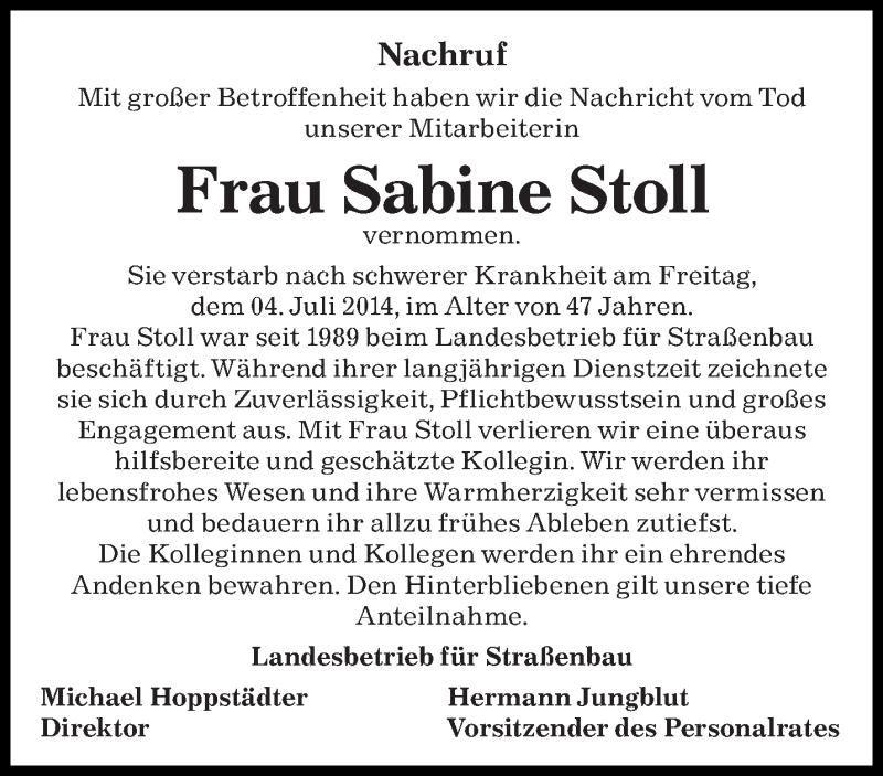  Traueranzeige für Sabine Stoll vom 11.07.2014 aus saarbruecker_zeitung