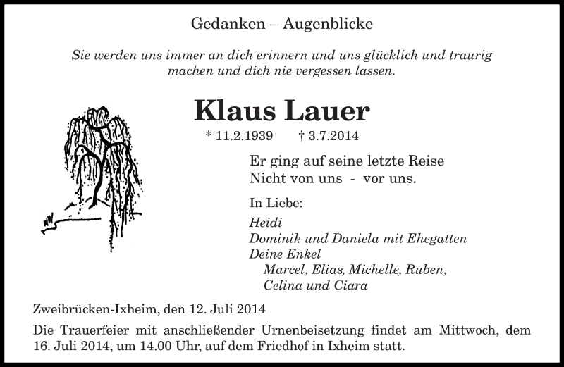 Traueranzeige für Klaus Lauer vom 12.07.2014 aus saarbruecker_zeitung