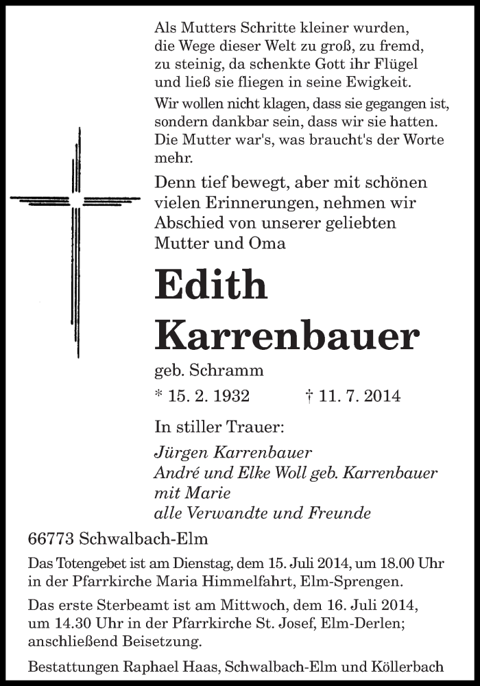  Traueranzeige für Edith Karrenbauer vom 14.07.2014 aus saarbruecker_zeitung