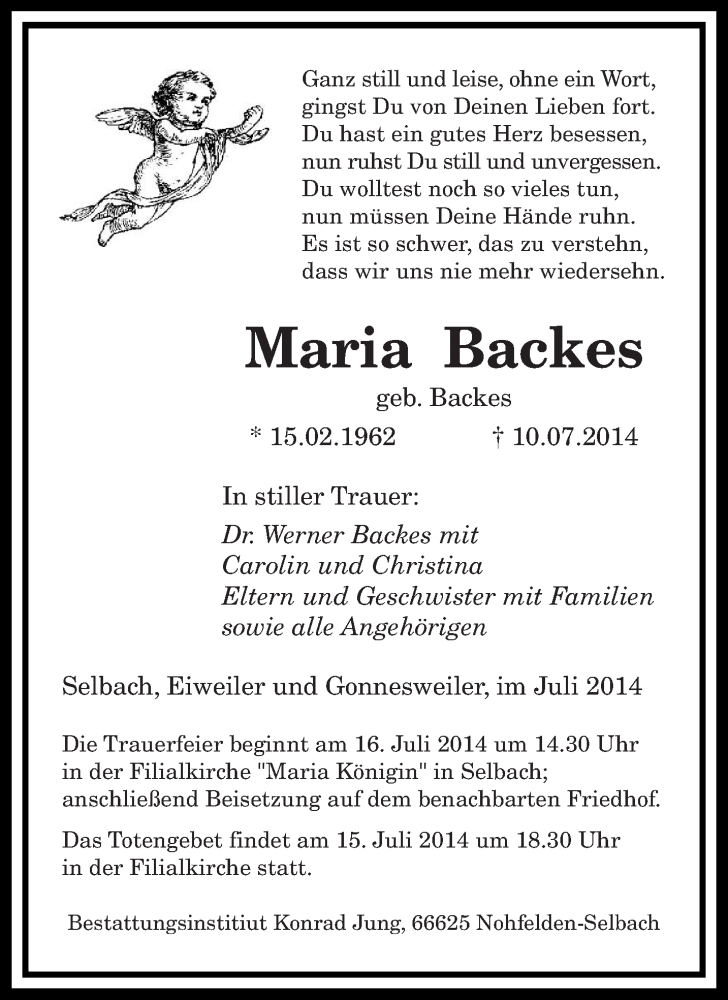  Traueranzeige für Maria Backes vom 14.07.2014 aus saarbruecker_zeitung