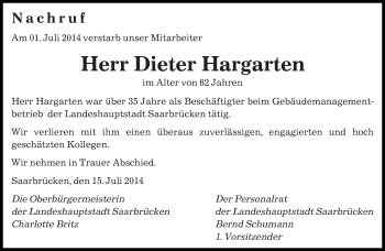 Traueranzeige von Dieter Hargarten von saarbruecker_zeitung