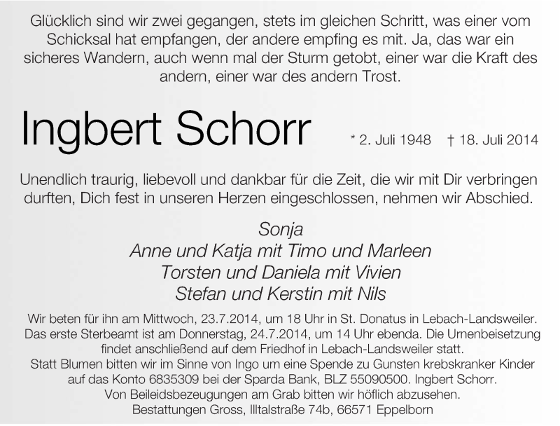  Traueranzeige für Ingbert Schorr vom 21.07.2014 aus saarbruecker_zeitung