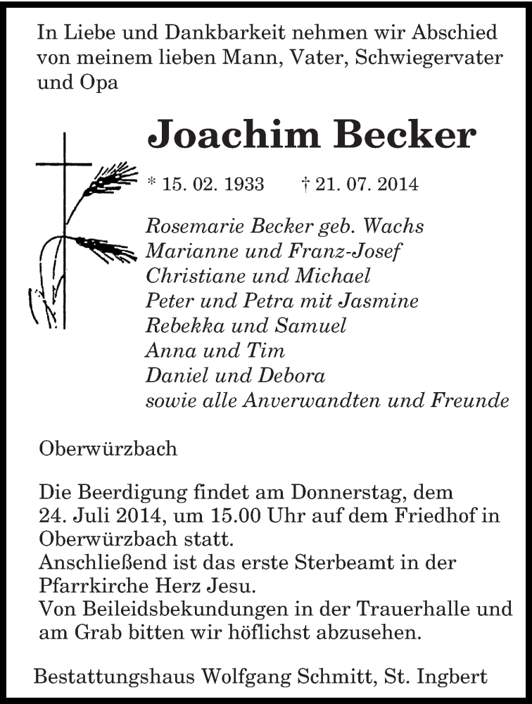 Traueranzeigen Von Joachim Becker Saarbruecker Zeitung Trauer De