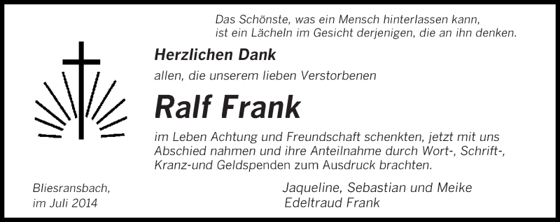  Traueranzeige für Ralf Frank vom 26.07.2014 aus saarbruecker_zeitung
