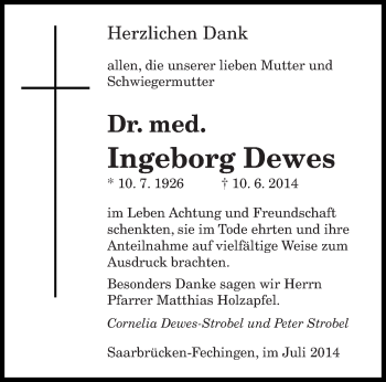 Traueranzeige von Ingeborg Dewes von saarbruecker_zeitung