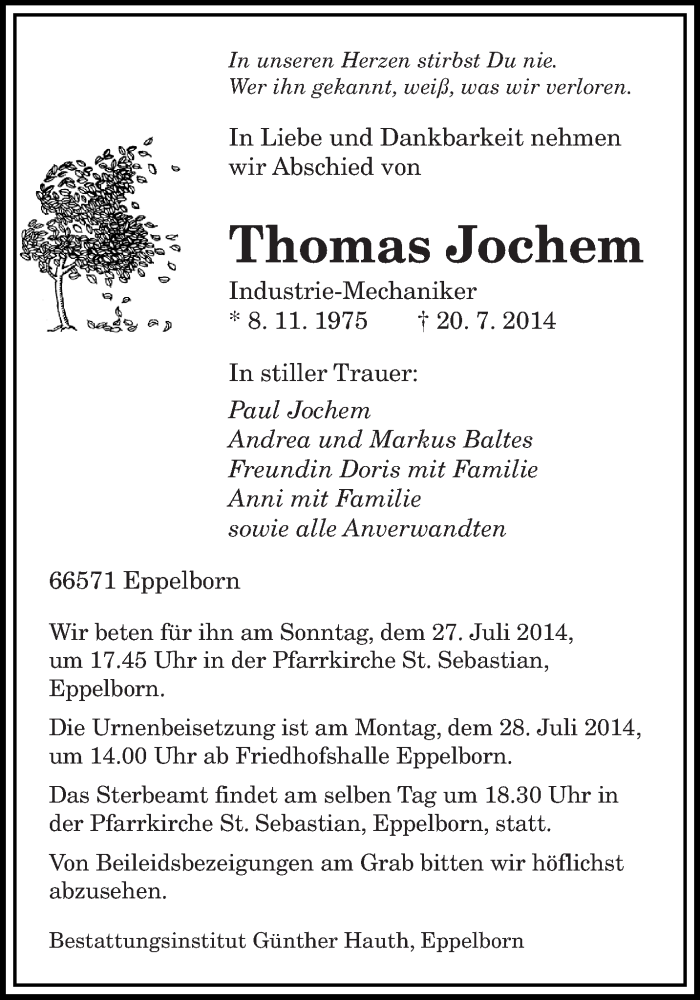  Traueranzeige für Thomas Jochem vom 25.07.2014 aus saarbruecker_zeitung