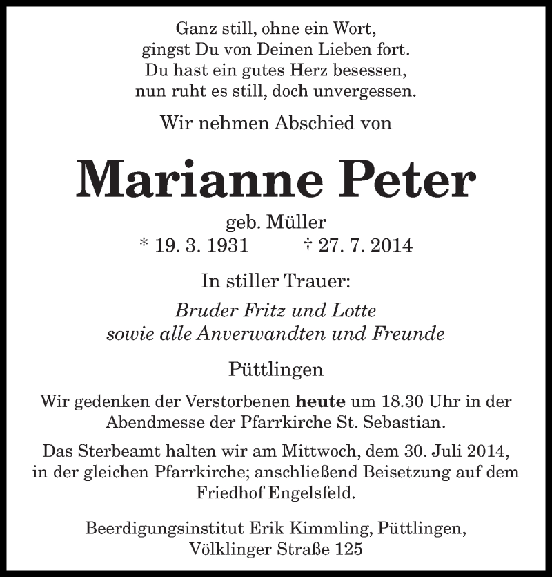  Traueranzeige für Marianne Peter vom 29.07.2014 aus saarbruecker_zeitung