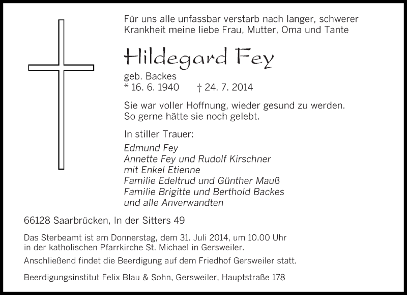  Traueranzeige für Hildegard Fey vom 29.07.2014 aus saarbruecker_zeitung