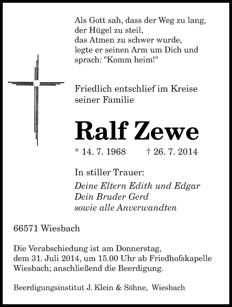  Traueranzeige für Ralf Zewe vom 29.07.2014 aus saarbruecker_zeitung