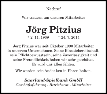 Traueranzeige von Jörg Pitzius von saarbruecker_zeitung