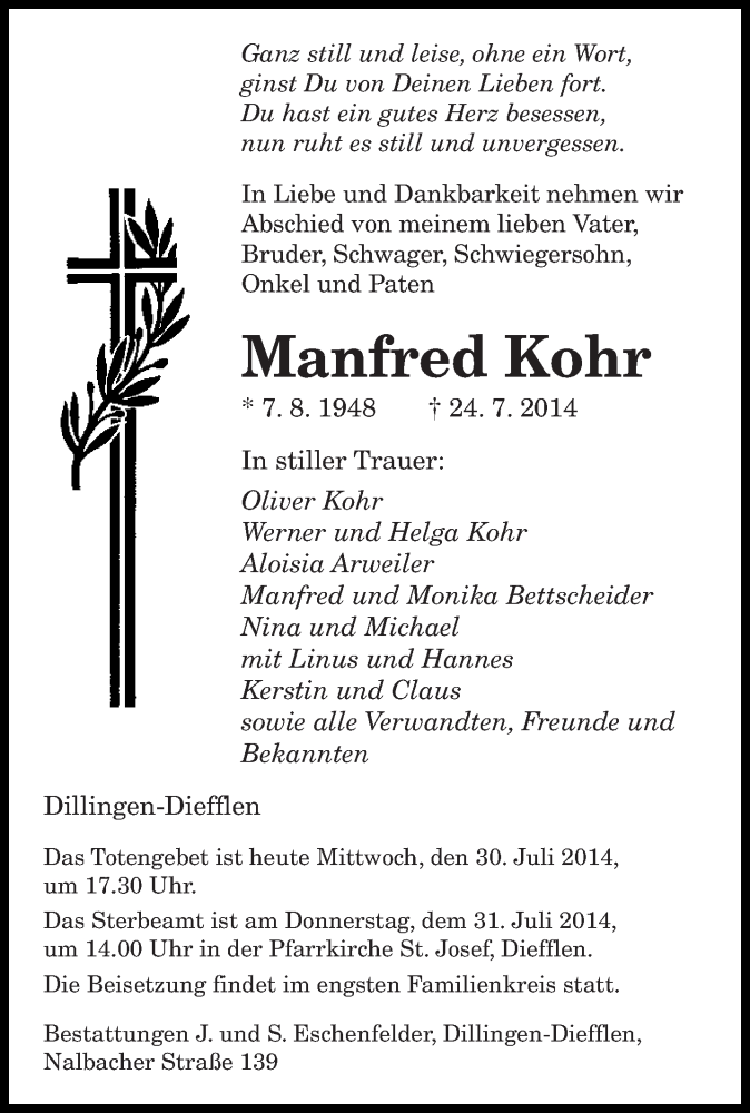 Traueranzeige für Manfred Kohr vom 30.07.2014 aus saarbruecker_zeitung