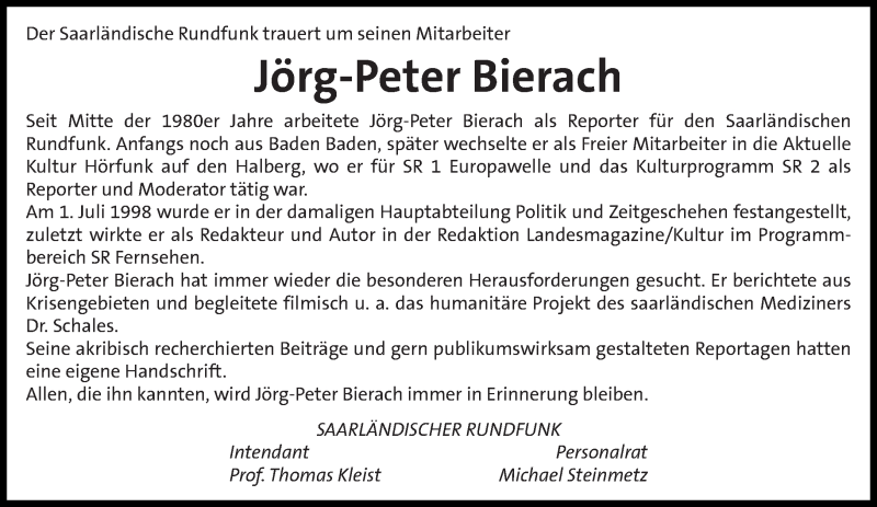  Traueranzeige für Jörg-Peter Bierach vom 02.08.2014 aus saarbruecker_zeitung