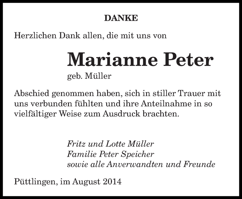 Traueranzeige für Marianne Peter vom 09.08.2014 aus saarbruecker_zeitung