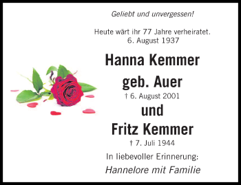 Traueranzeige von Hanna und Fritz Kemmer von saarbruecker_zeitung