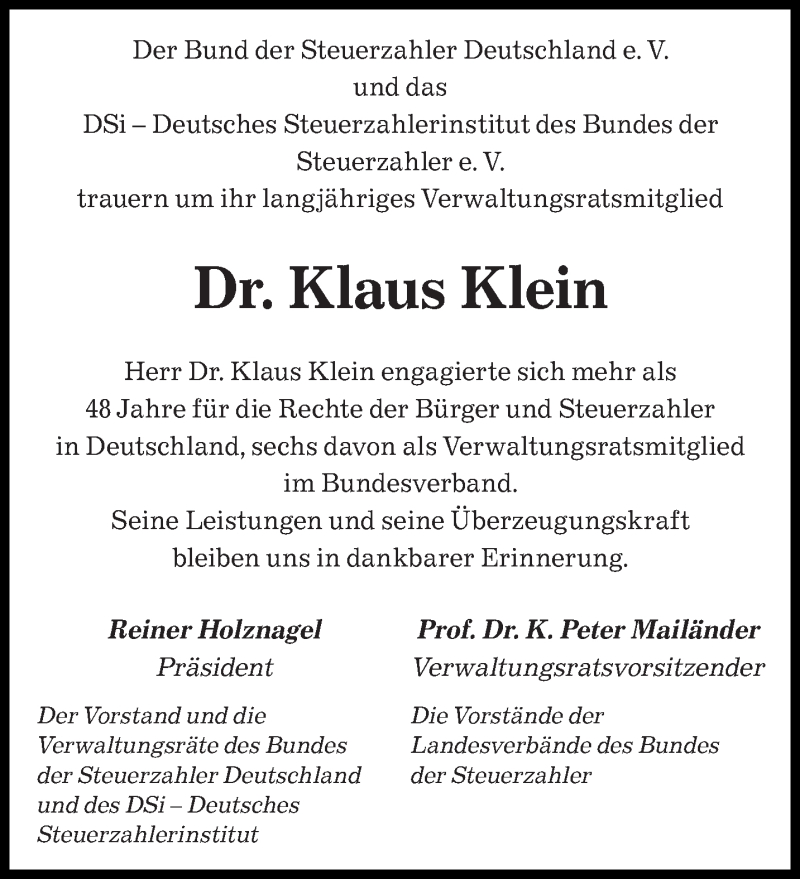  Traueranzeige für Klaus Klein vom 06.08.2014 aus saarbruecker_zeitung