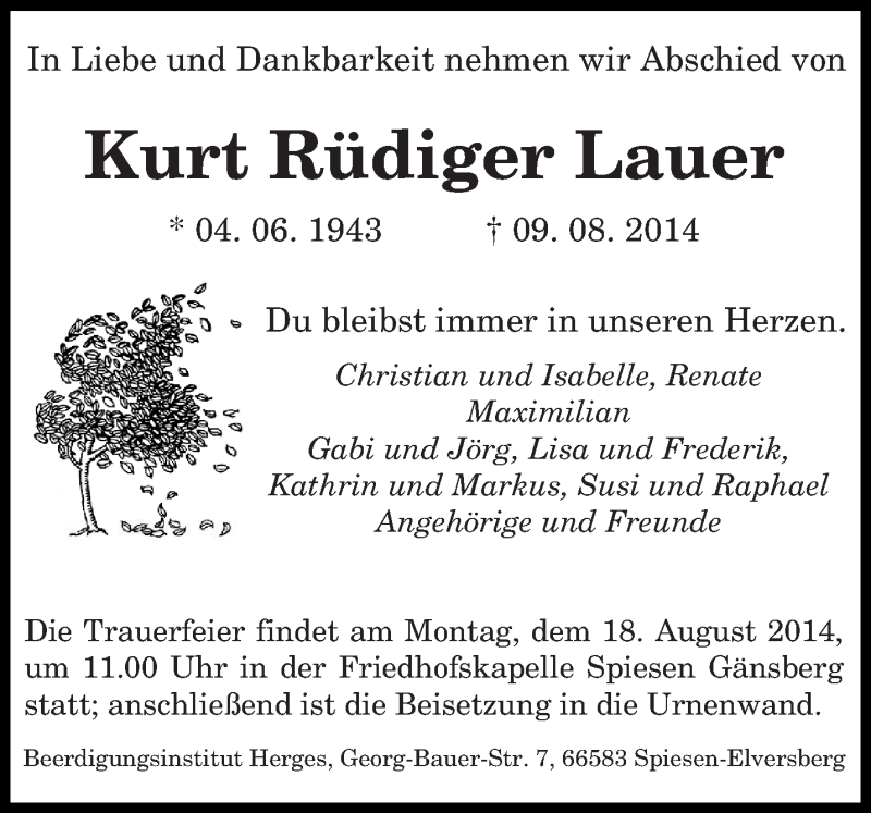  Traueranzeige für Kurt Rüdiger Lauer vom 13.08.2014 aus saarbruecker_zeitung