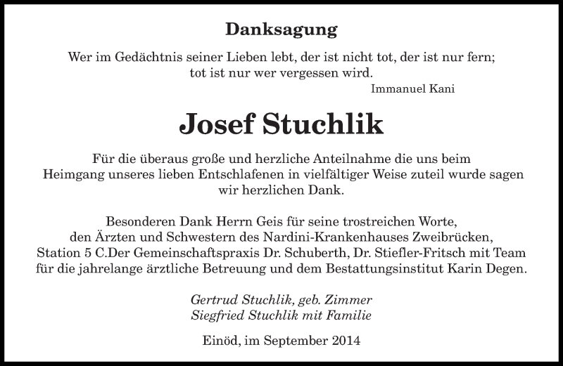  Traueranzeige für Josef Stuchlik vom 06.09.2014 aus saarbruecker_zeitung