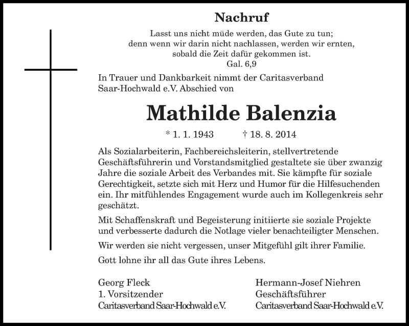  Traueranzeige für Mathilde Balenzia vom 20.08.2014 aus saarbruecker_zeitung