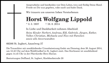 Traueranzeige von Horst Wolfgang Lippold von saarbruecker_zeitung