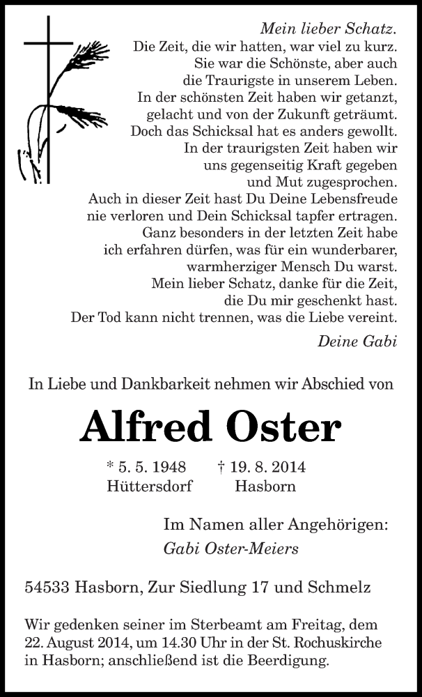  Traueranzeige für Alfred Oster vom 21.08.2014 aus saarbruecker_zeitung