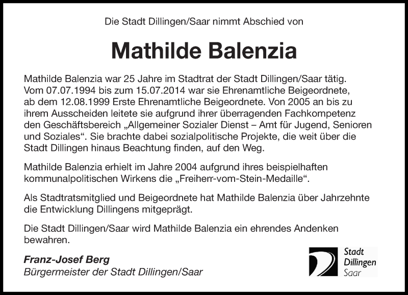  Traueranzeige für Mathilde Balenzia vom 21.08.2014 aus saarbruecker_zeitung