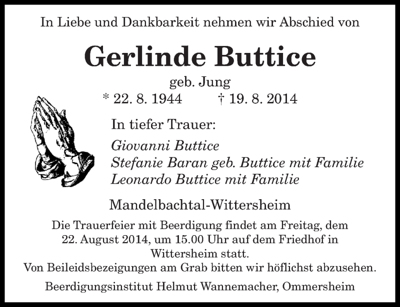  Traueranzeige für Gerlinde Buttice vom 21.08.2014 aus saarbruecker_zeitung