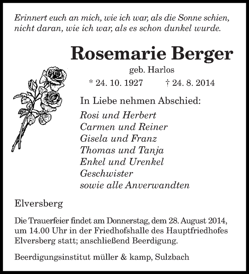  Traueranzeige für Rosemarie Berger vom 26.08.2014 aus saarbruecker_zeitung