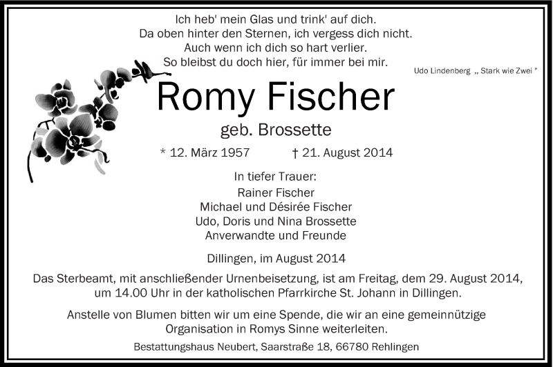  Traueranzeige für Romy Fischer vom 27.08.2014 aus saarbruecker_zeitung