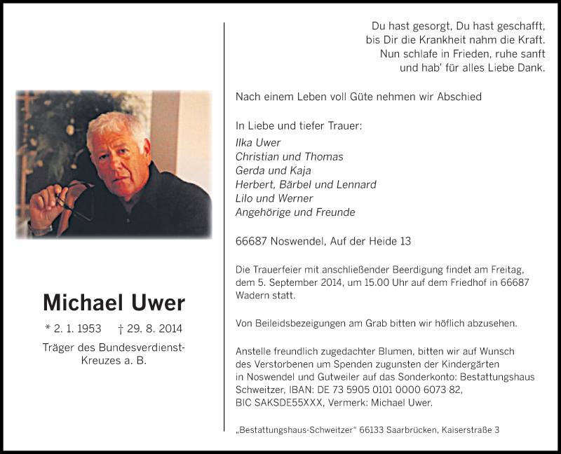  Traueranzeige für Michael Uwer vom 02.09.2014 aus saarbruecker_zeitung