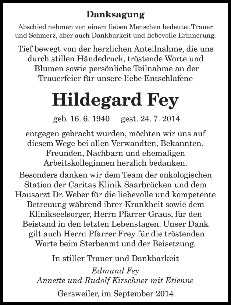  Traueranzeige für Hildegard Fey vom 06.09.2014 aus saarbruecker_zeitung