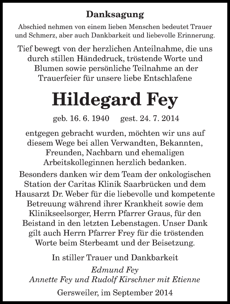  Traueranzeige für Hildegard Fey vom 13.09.2014 aus saarbruecker_zeitung