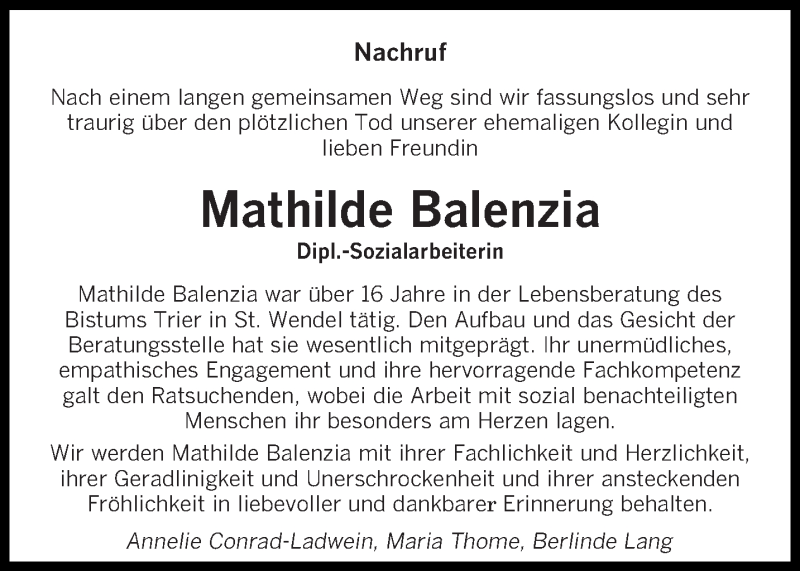  Traueranzeige für Mathilde Balenzia vom 06.09.2014 aus saarbruecker_zeitung
