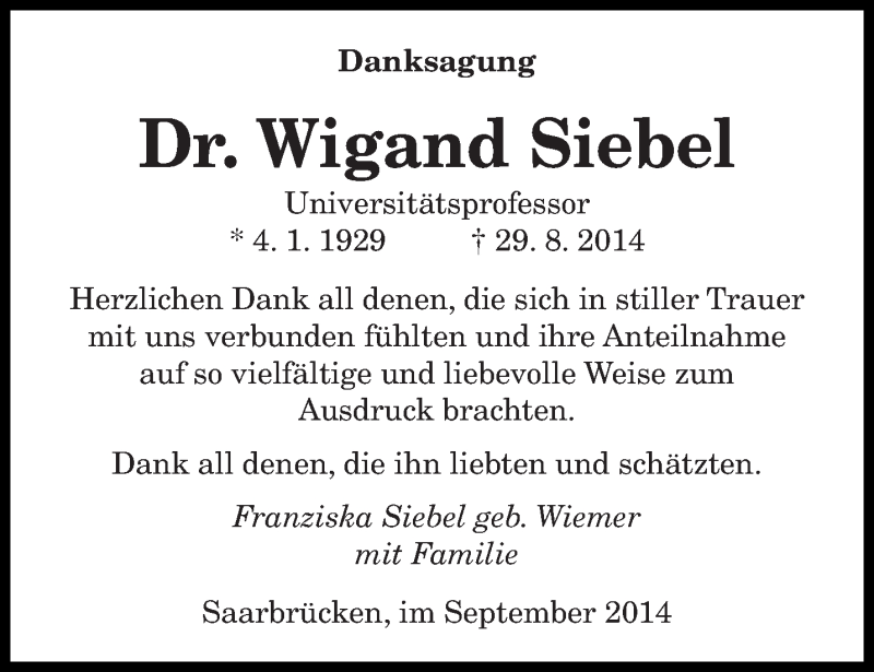  Traueranzeige für Wigand Siebel vom 06.09.2014 aus saarbruecker_zeitung