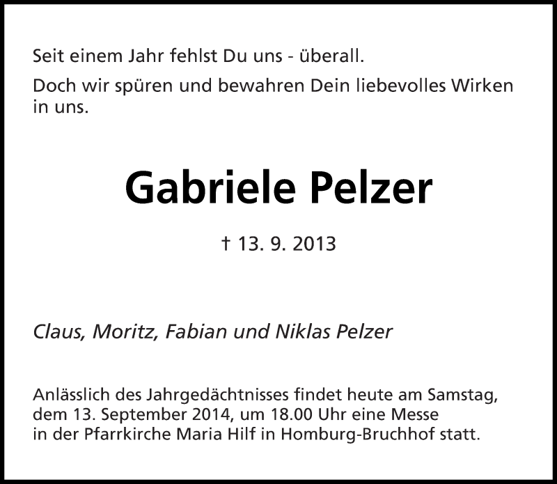  Traueranzeige für Gabriele Pelzer vom 13.09.2014 aus saarbruecker_zeitung