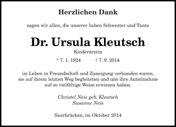 Traueranzeige von Ursula Kleutsch von saarbruecker_zeitung