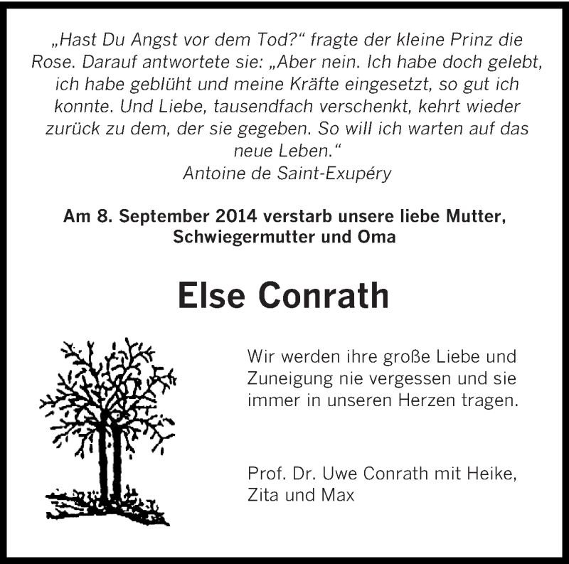  Traueranzeige für Else Conrath vom 10.09.2014 aus saarbruecker_zeitung