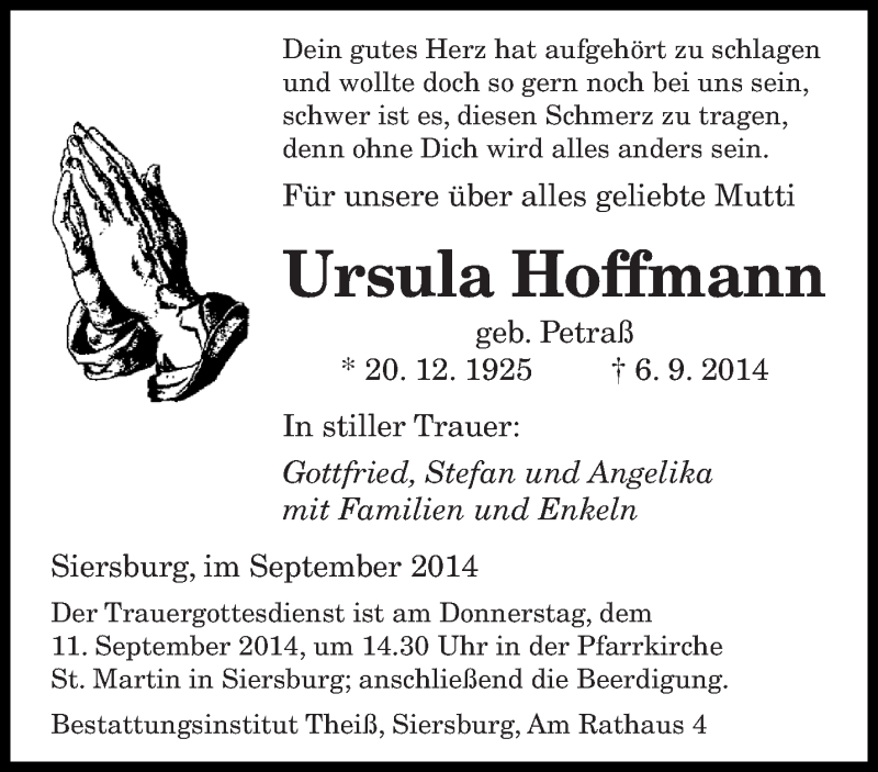  Traueranzeige für Ursula Hoffmann vom 10.09.2014 aus saarbruecker_zeitung