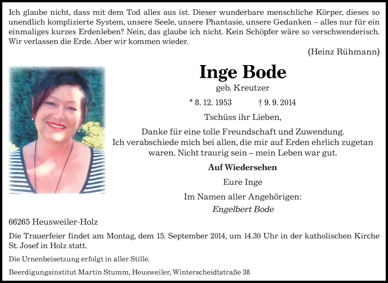  Traueranzeige für Inge Bode vom 12.09.2014 aus saarbruecker_zeitung