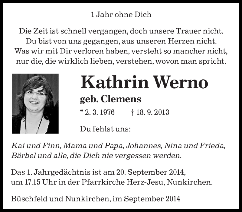  Traueranzeige für Kathrin Werno vom 17.09.2014 aus saarbruecker_zeitung