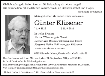 Traueranzeige von Günter Klüsener von saarbruecker_zeitung