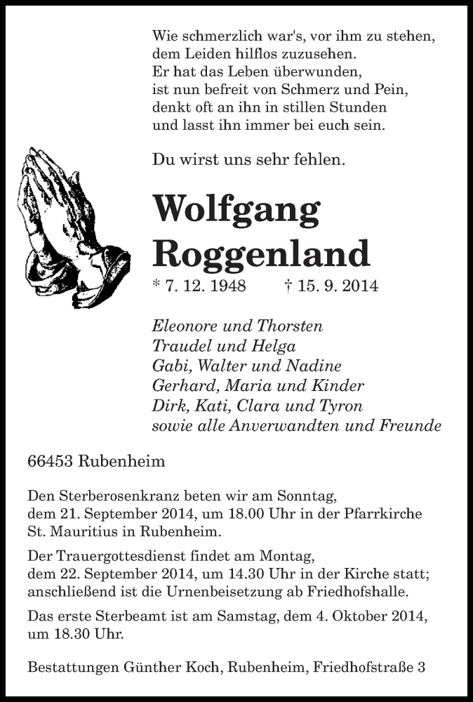  Traueranzeige für Wolfgang Roggenland vom 18.09.2014 aus saarbruecker_zeitung