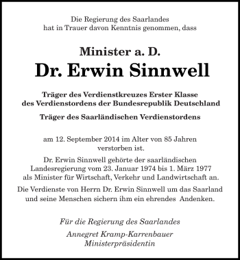 Traueranzeige von Erwin Sinnwell von saarbruecker_zeitung