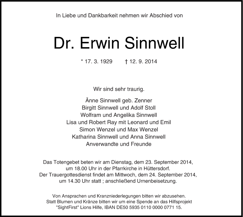 Traueranzeige für Erwin Sinnwell vom 20.09.2014 aus saarbruecker_zeitung
