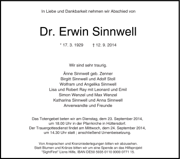 Traueranzeige von Erwin Sinnwell von saarbruecker_zeitung