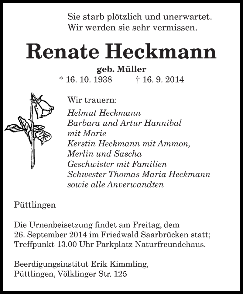  Traueranzeige für Renate Heckmann vom 20.09.2014 aus saarbruecker_zeitung
