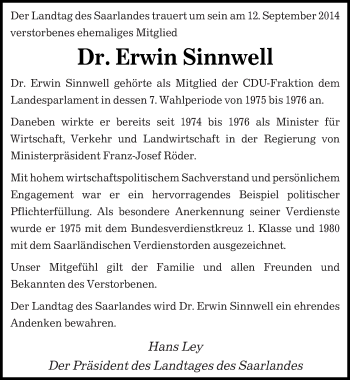 Traueranzeige von Erwin Sinnwell von saarbruecker_zeitung