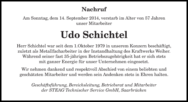  Traueranzeige für Udo Schichtel vom 20.09.2014 aus saarbruecker_zeitung