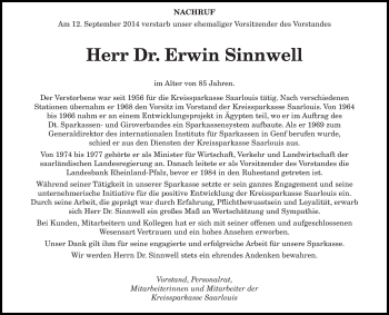 Traueranzeige von Erwin Sinnwell von saarbruecker_zeitung